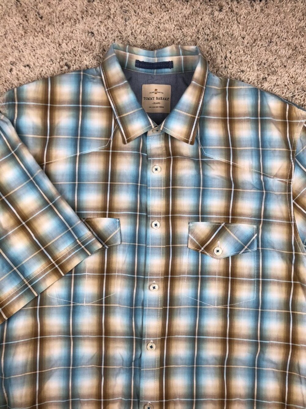 Tommy Bahama Jeans Mens XL Blue Brown Long Sleeve Button Up Shirt Beach Plaid
